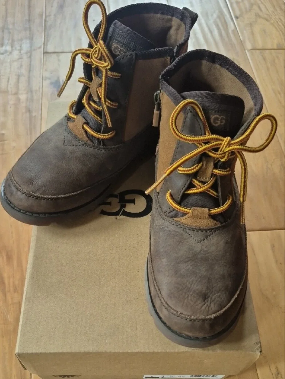 UGG Bradley Two Toned Brown Suede And Leather Boots with Yellow Accent Laces